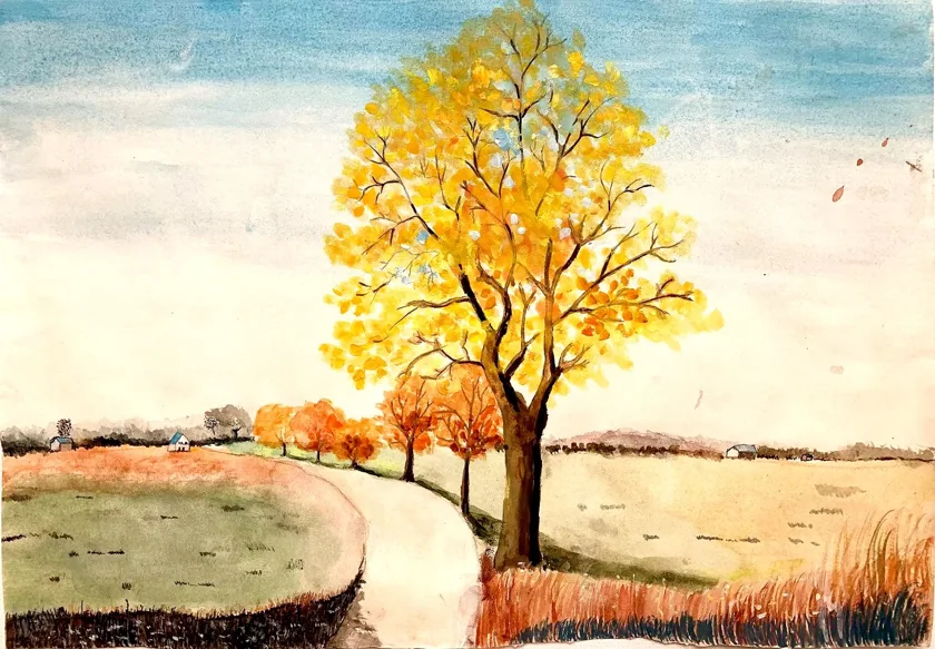water color+acrylic- Autumn Path